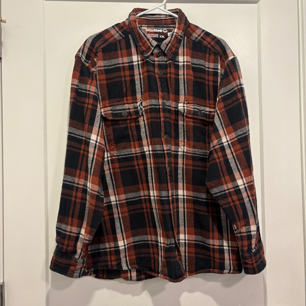 Wolverine Mens XXL Plaid Flannel Shirt Rust Black White Cotton Button Down